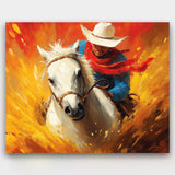 Painting of a cowboy on a white horse with a fiery background