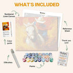 What's included in the Wild Ride paint by numbers kit: numbered linen canvas, reference sheet, color guide, 24 acrylic paints, 3 brushes and thank you card