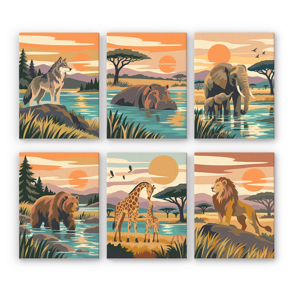 Wild Waterholes mini paint by numbers set: six designs of a wolf, hippo, elephants, bear, giraffes and lion by the water at sunset