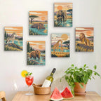 Six finished Wild Waterholes mini paintings hung on a wall above a table