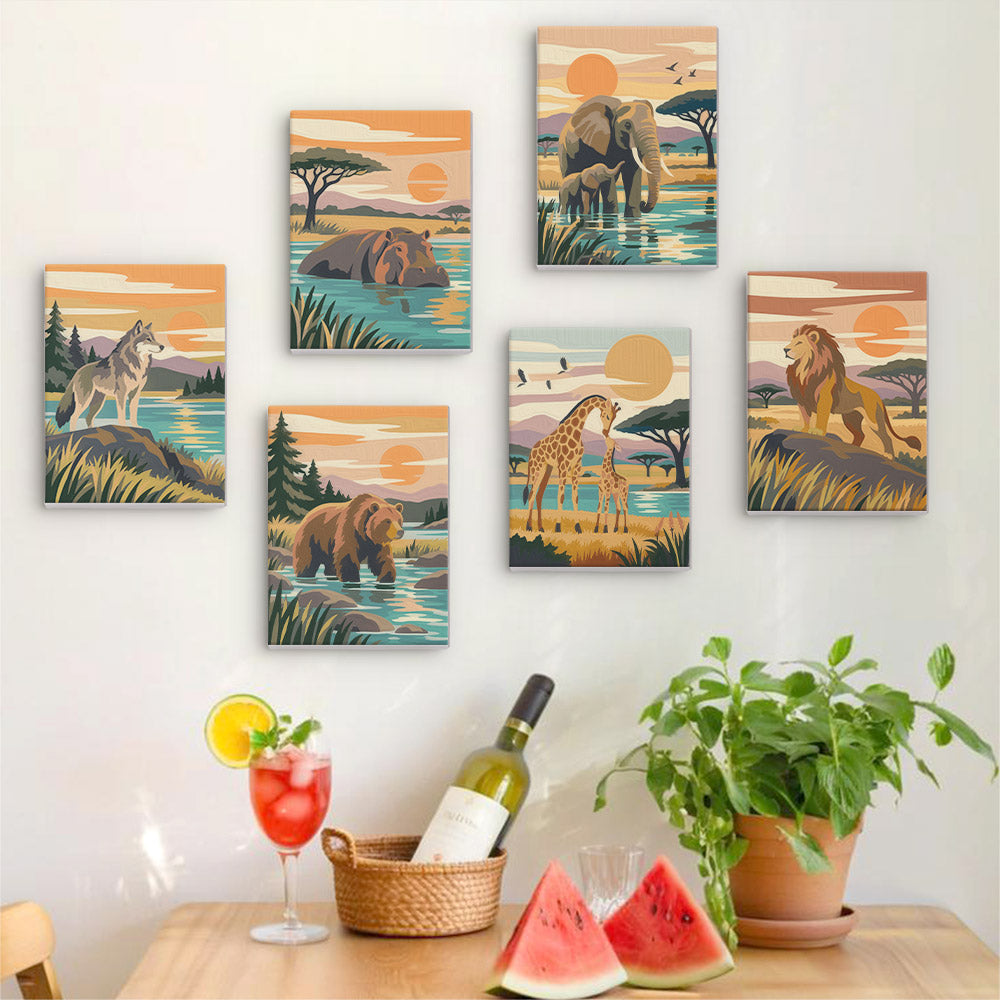Six finished Wild Waterholes mini paintings hung on a wall above a table