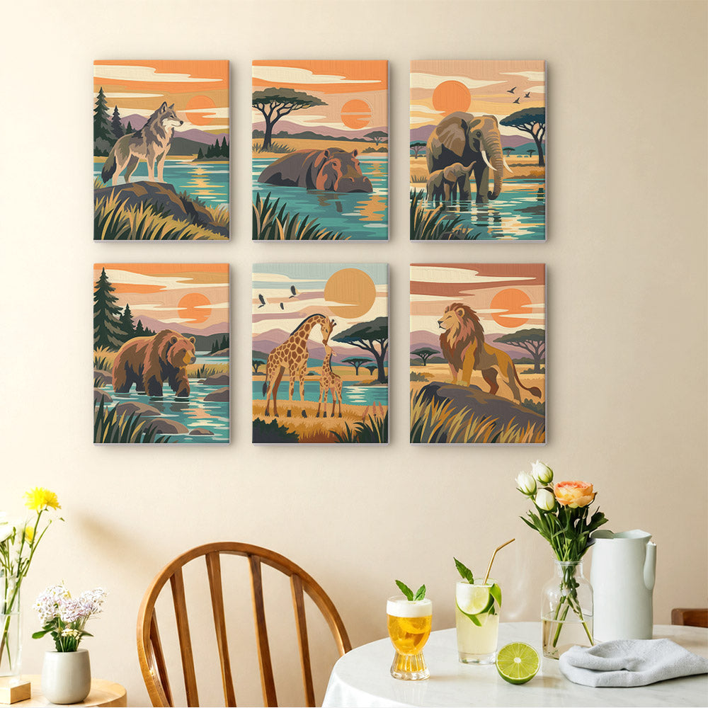 Wild Waterholes mini paintings displayed as a gallery wall in a sunny kitchen