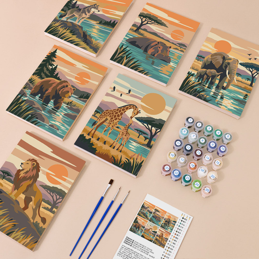 Wild Waterholes mini paint by numbers kit with six numbered canvases, acrylic paints, brushes and layout