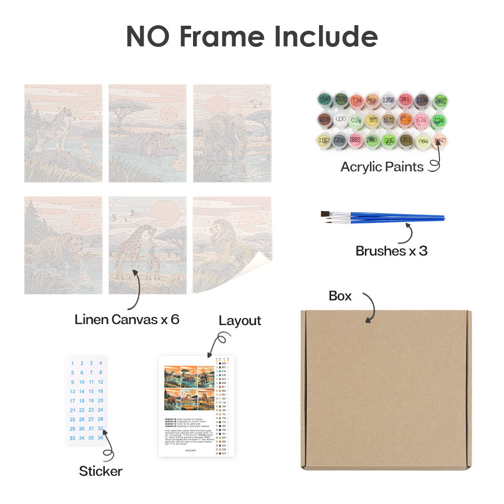 What's included without a frame: six rolled Wild Waterholes mini canvases, acrylic paints, three brushes and layout