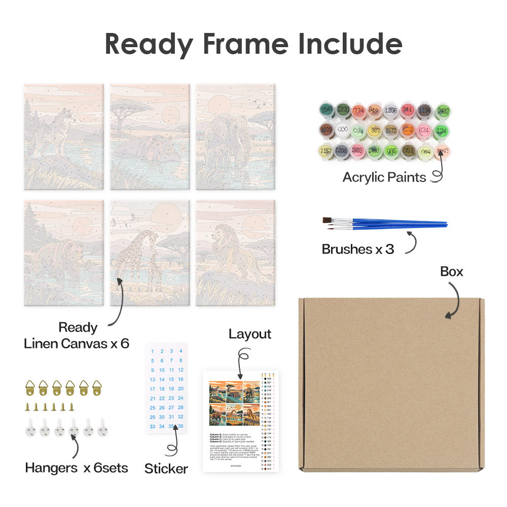 What's included pre-stretched on frame: six framed Wild Waterholes mini canvases, paints, three brushes, hangers and layout