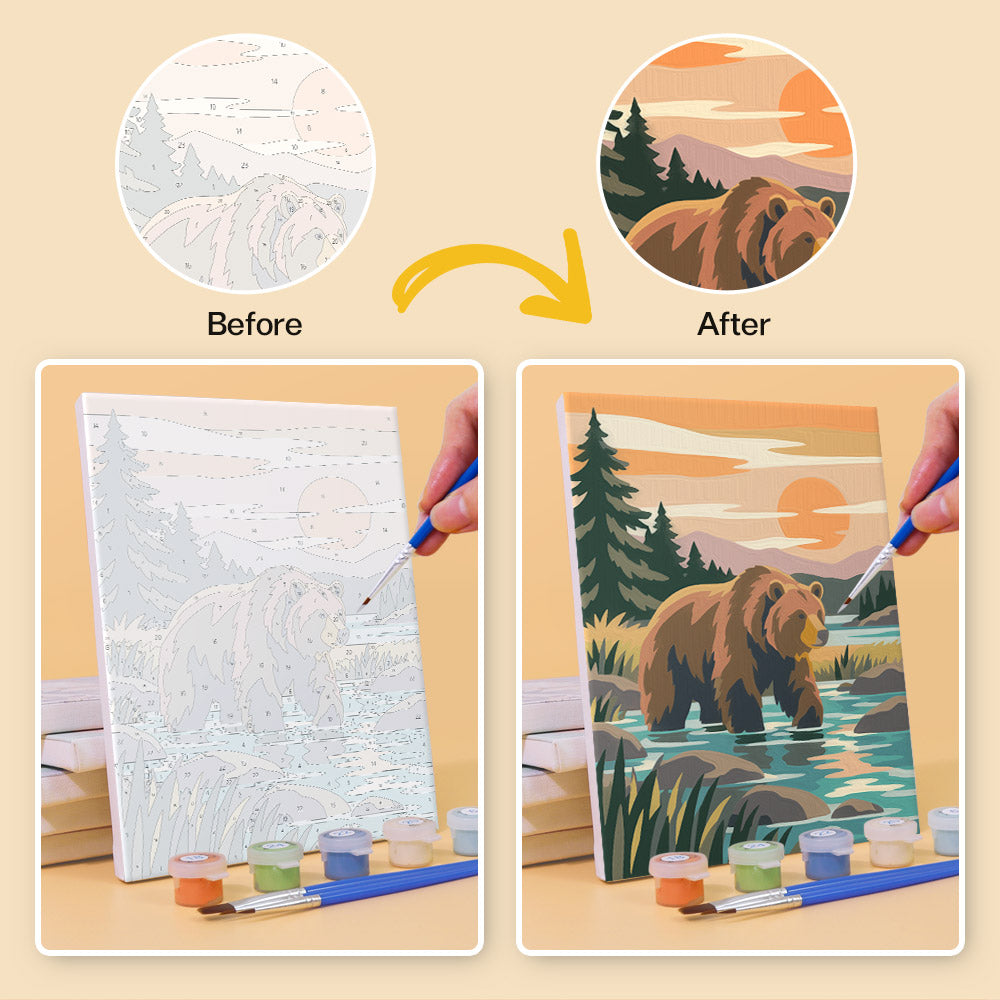 Before and after of a Wild Waterholes mini paint by numbers canvas