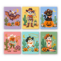 Wild West Halloween mini paint by numbers set: six western Halloween designs with a cowboy bat, skeleton cowboy, black cat, scarecrow, ghost and cowboy boot