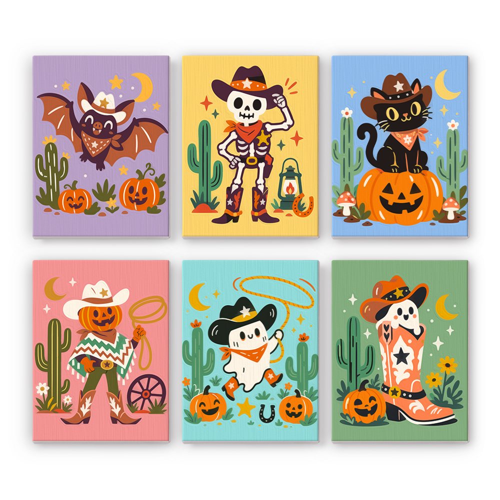 Wild West Halloween mini paint by numbers set: six western Halloween designs with a cowboy bat, skeleton cowboy, black cat, scarecrow, ghost and cowboy boot