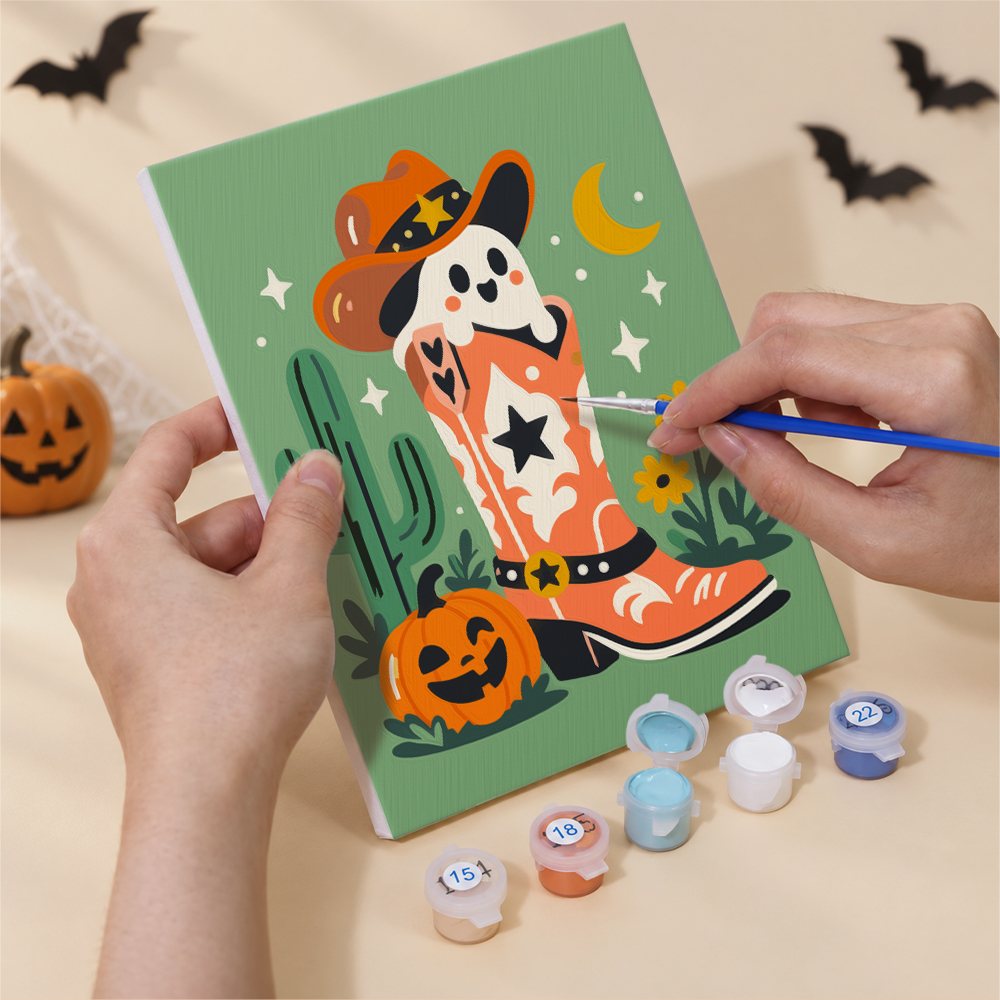 Numbered paint pots and brushes on a pre-stretched Wild West Halloween mini canvas