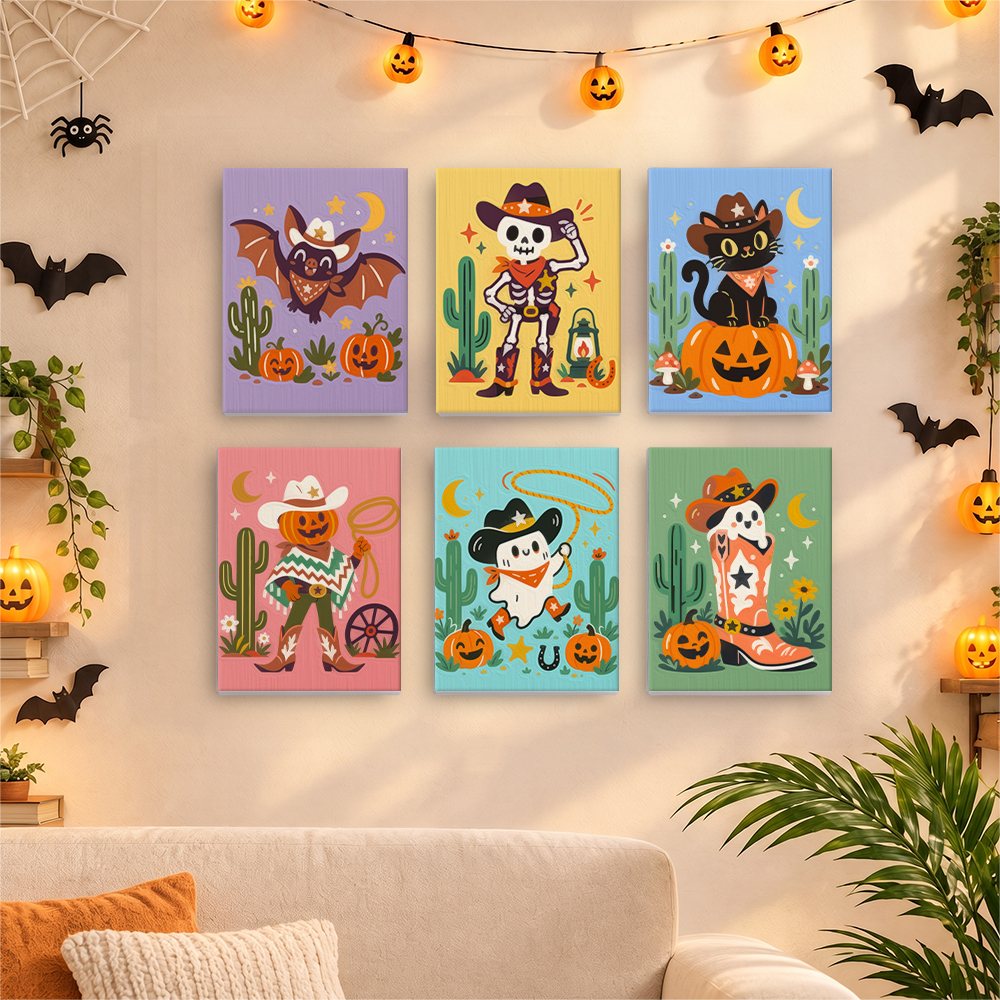Before and after of a Wild West Halloween mini paint by numbers canvas