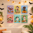 Before and after of a Wild West Halloween mini paint by numbers canvas