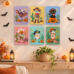 Painting a Wild West Halloween mini canvas propped up beside numbered acrylic paints
