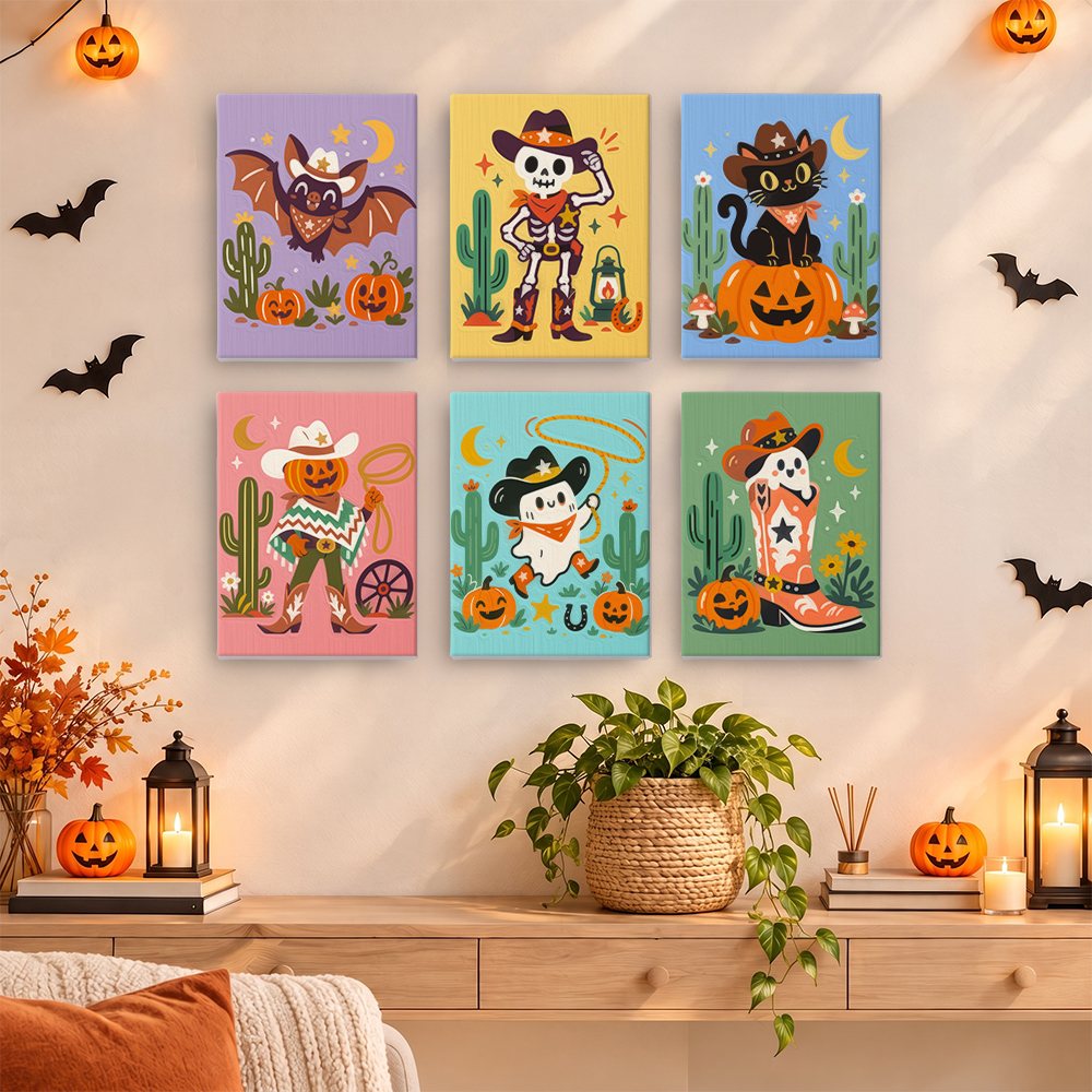 Painting a Wild West Halloween mini canvas propped up beside numbered acrylic paints