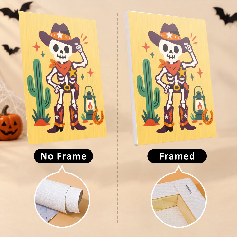 Six finished Wild West Halloween mini paintings hung on a wall above a table