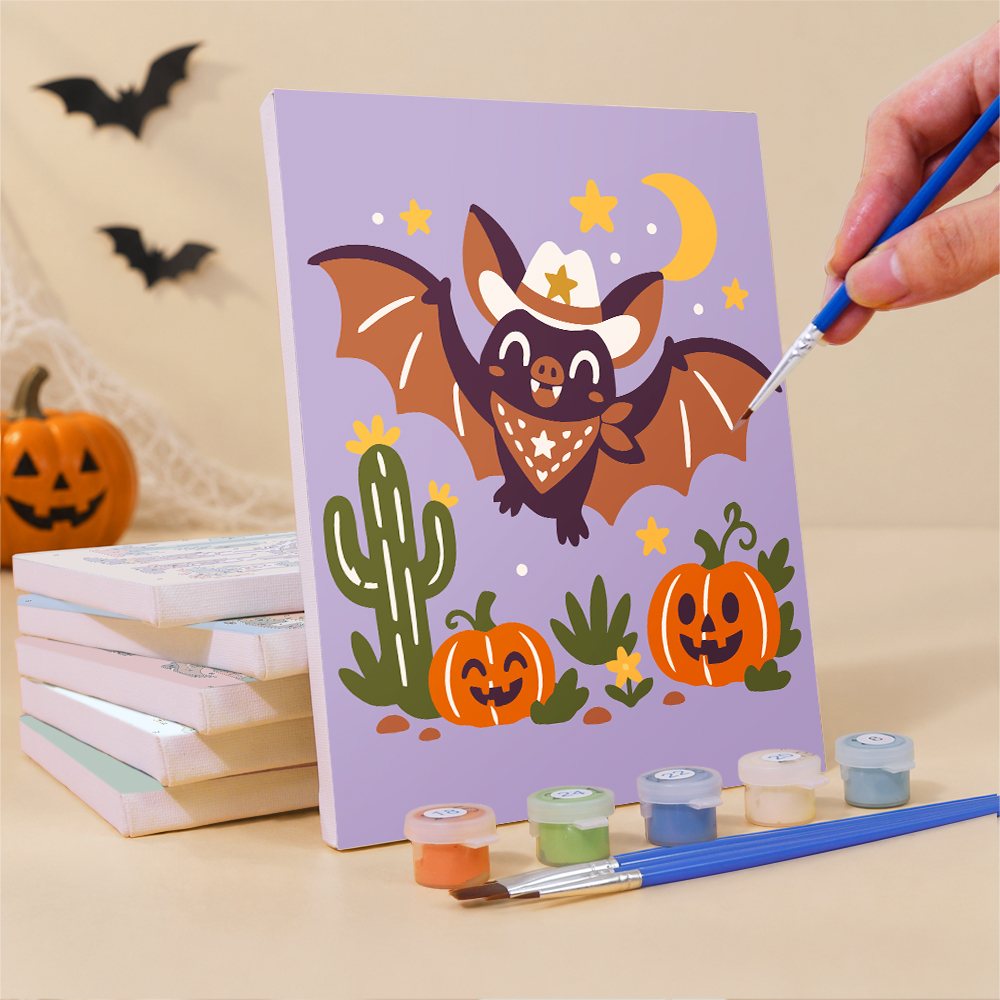 What's included pre-stretched on frame: six framed Wild West Halloween mini canvases, paints, three brushes, hangers and layout