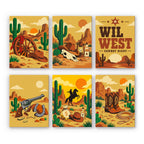 Wild West Nights mini paint by numbers set: six Western desert designs with cacti, a cowboy, boots and a Wild West poster