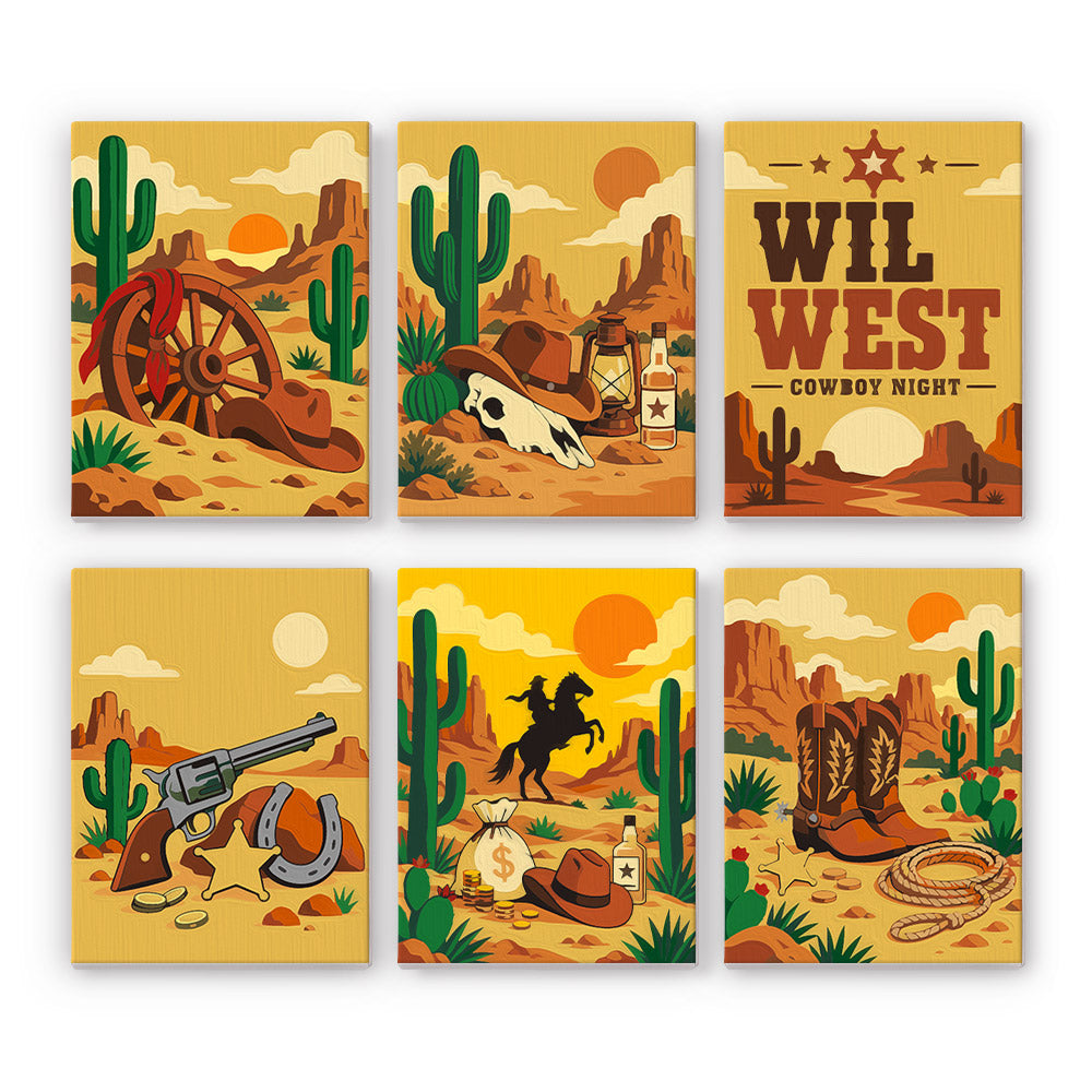 Wild West Nights mini paint by numbers set: six Western desert designs with cacti, a cowboy, boots and a Wild West poster
