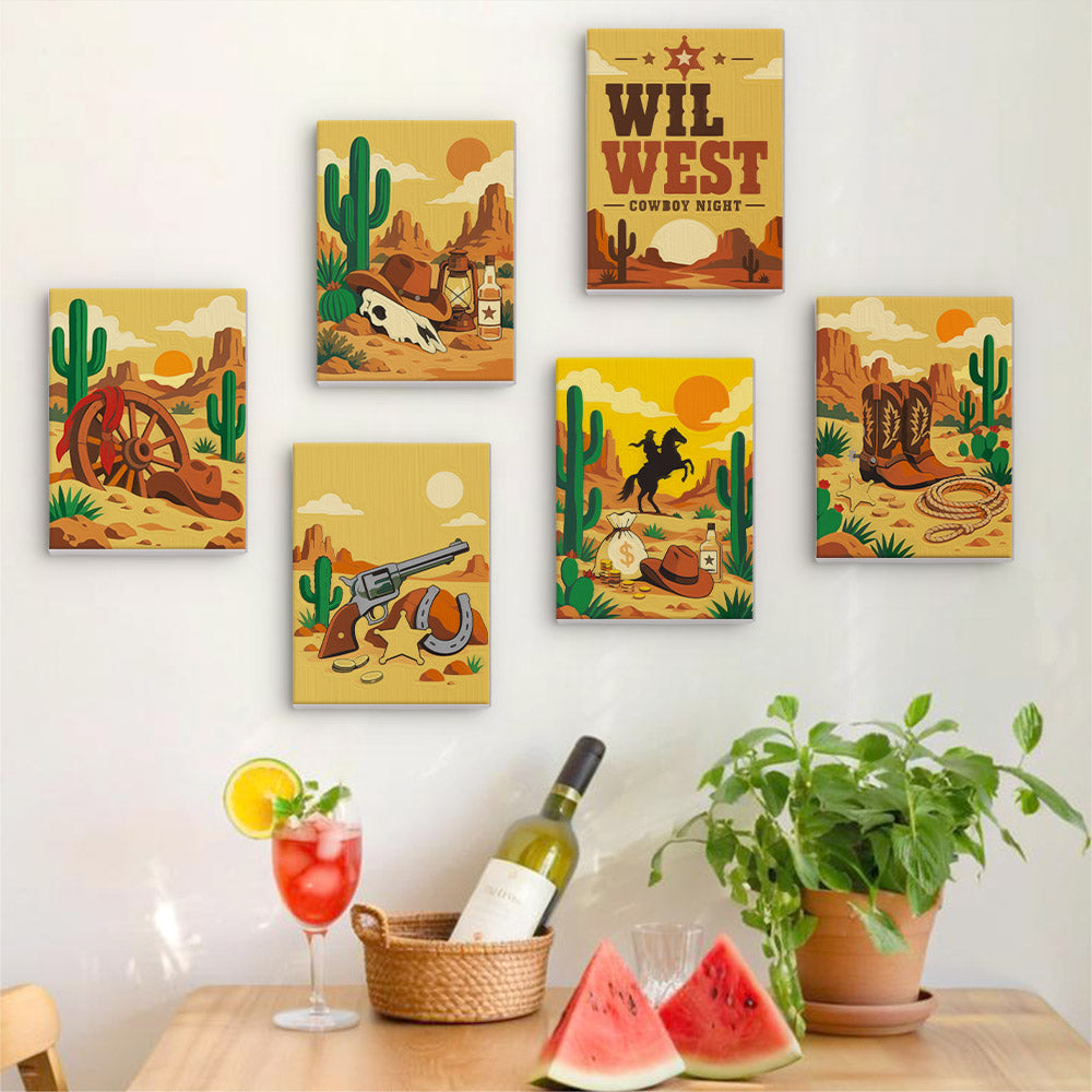 Six finished Wild West Nights mini paintings hung on a wall above a table