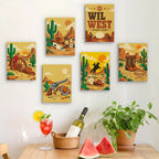 Six finished Wild West Nights mini paintings hung on a wall above a table
