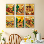 Wild West Nights mini paintings displayed as a gallery wall in a sunny kitchen