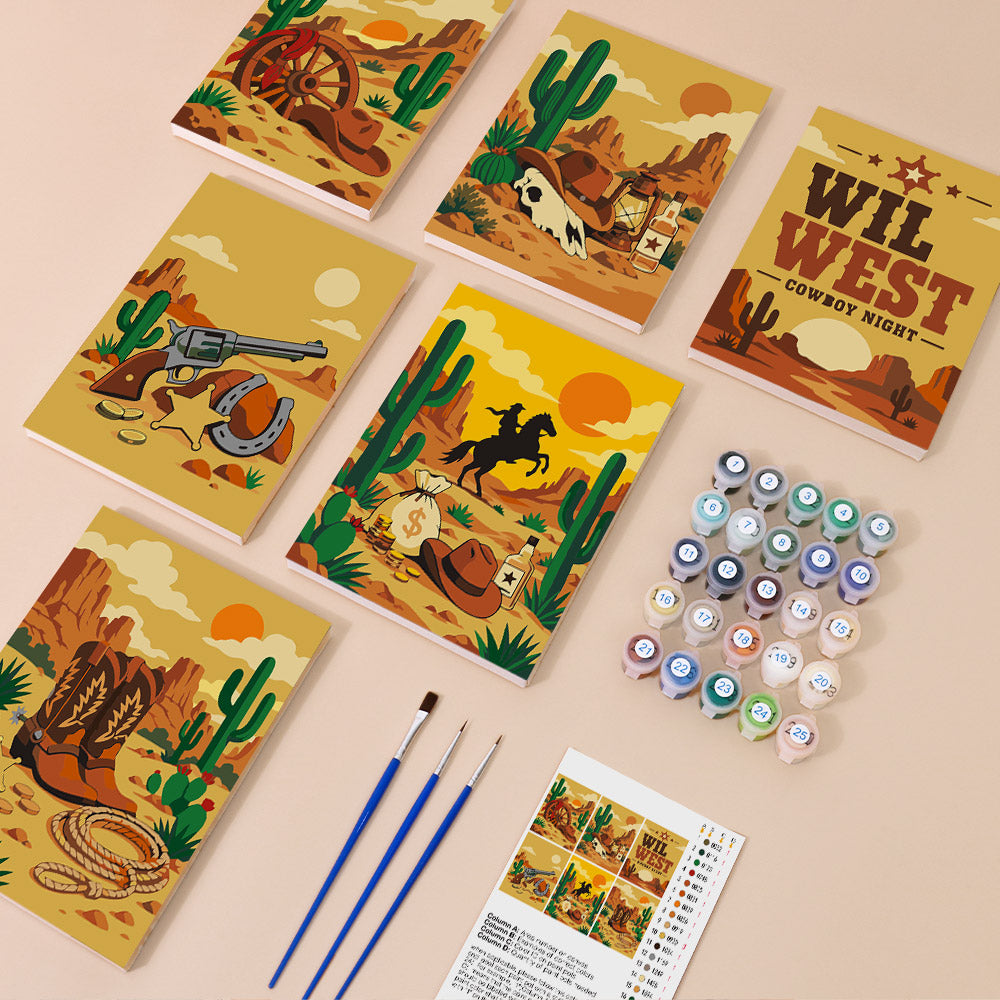 Wild West Nights mini paint by numbers kit with six numbered canvases, acrylic paints, brushes and layout