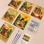 Wild West Nights mini paint by numbers kit with six numbered canvases, acrylic paints, brushes and layout