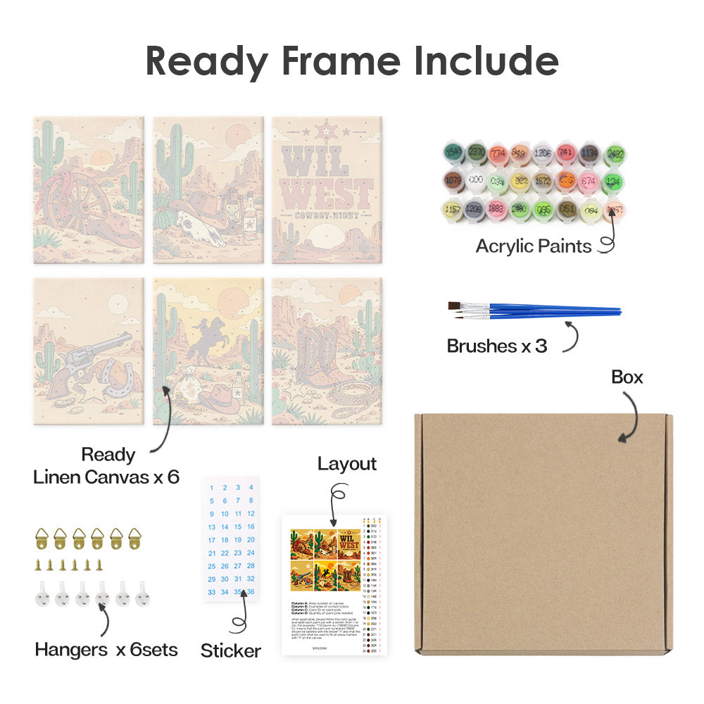 What's included pre-stretched on frame: six framed Wild West Nights mini canvases, paints, three brushes, hangers and layout