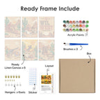 What's included pre-stretched on frame: six framed Wild West Nights mini canvases, paints, three brushes, hangers and layout