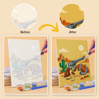 Before and after of a Wild West Nights mini paint by numbers canvas