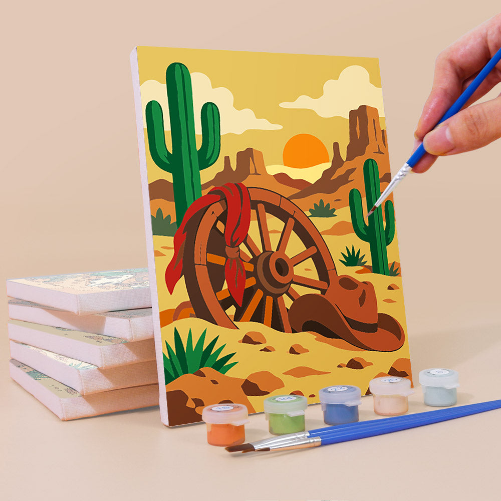 Painting a Wild West Nights mini canvas propped up beside numbered acrylic paints