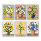 Wildflower Vases mini paint by numbers set: six vases of daisies, cornflowers, wild roses and sunflowers