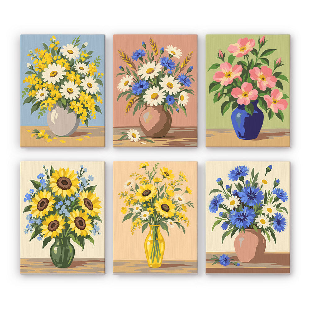 Wildflower Vases mini paint by numbers set: six vases of daisies, cornflowers, wild roses and sunflowers
