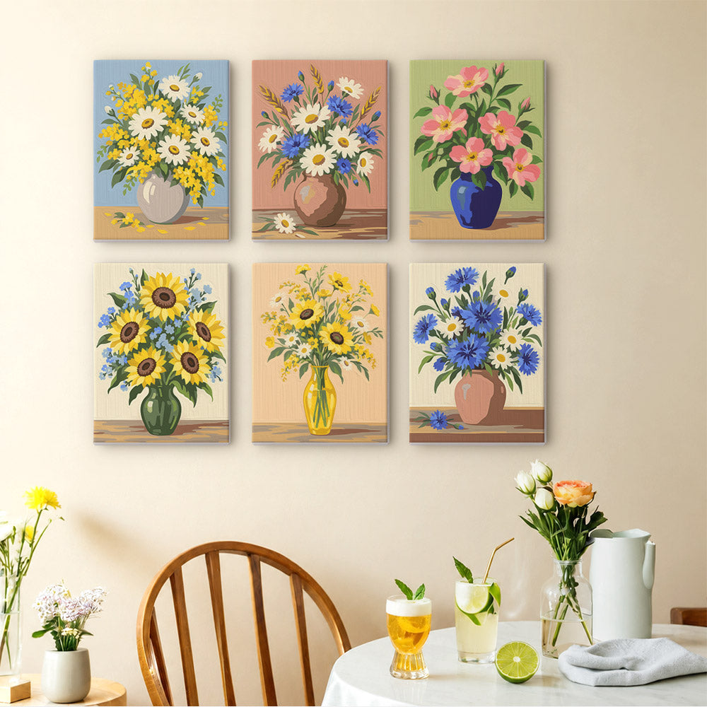 Wildflower Vases mini paintings displayed as a gallery wall in a sunny kitchen