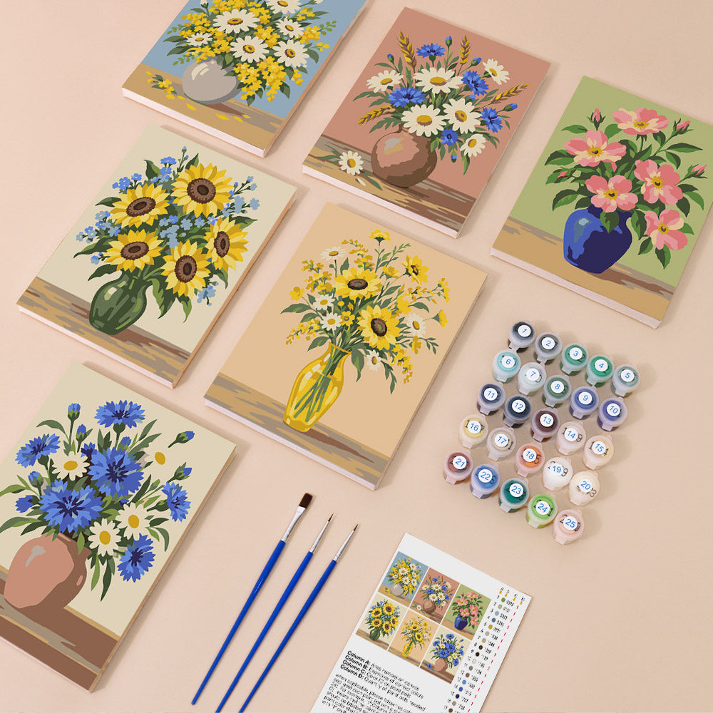 Wildflower Vases mini paint by numbers kit with six numbered canvases, acrylic paints, brushes and layout