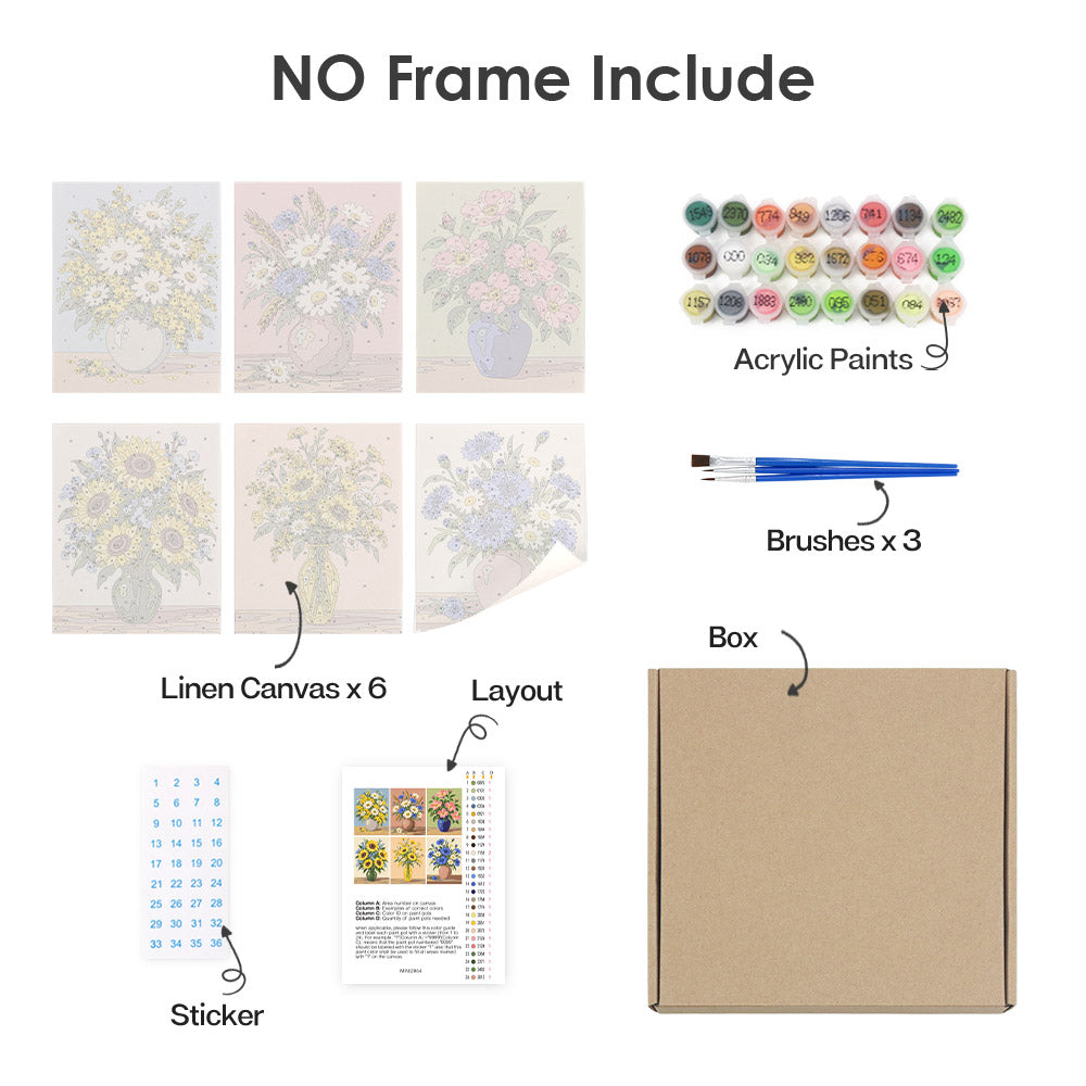 What's included without a frame: six rolled Wildflower Vases mini canvases, acrylic paints, three brushes and layout