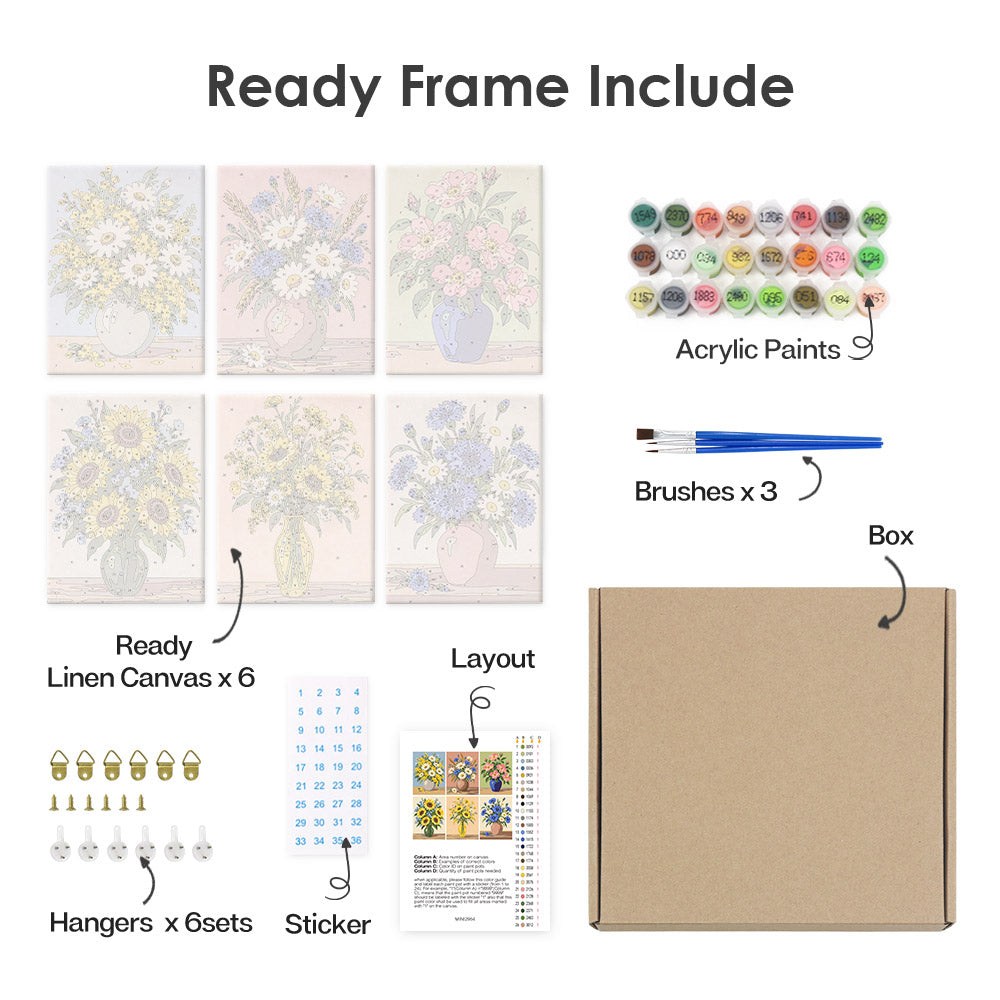 What's included pre-stretched on frame: six framed Wildflower Vases mini canvases, paints, three brushes, hangers and layout