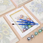 Numbered paint pots and brushes on a pre-stretched Wildflower Vases mini canvas
