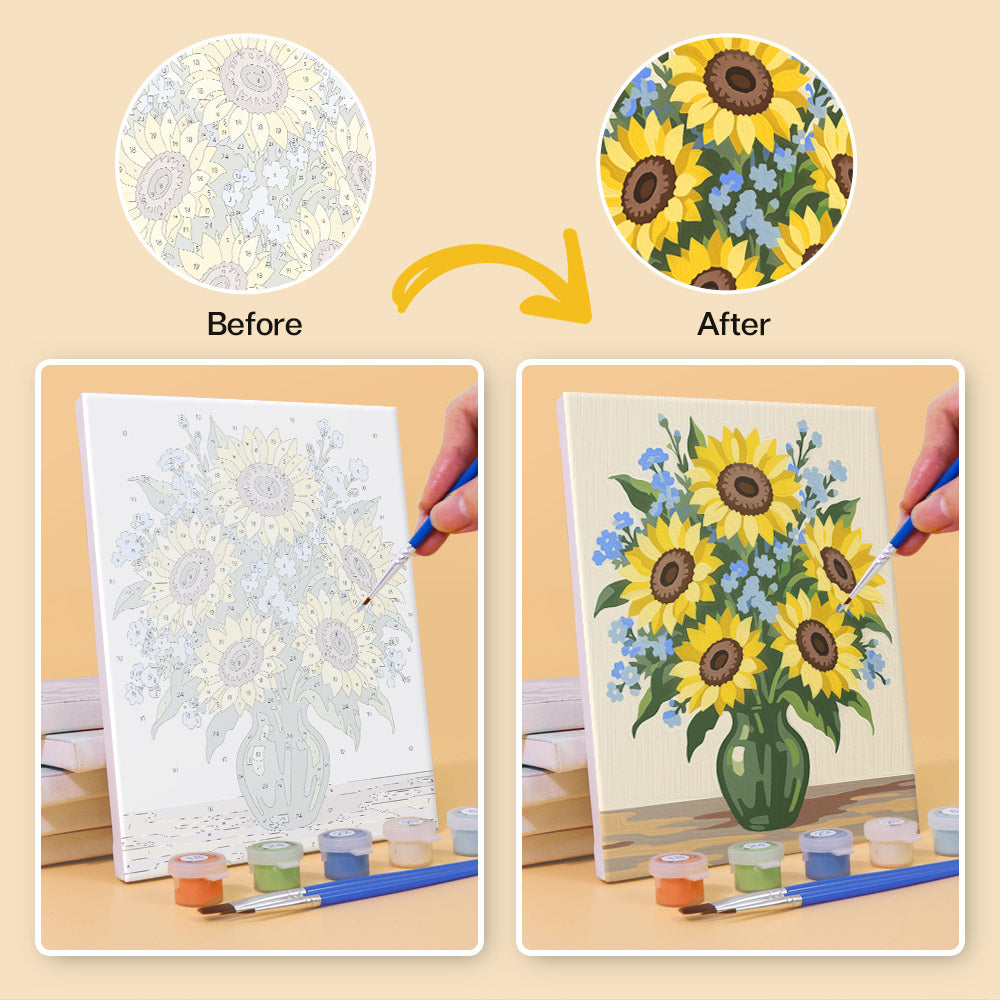 Before and after of a Wildflower Vases mini paint by numbers canvas