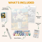 What's included in the Wildflowers of the Valley paint by numbers kit: numbered linen canvas, reference sheet, color guide, 24 acrylic paints, 3 brushes and thank you card