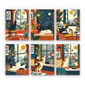 Window Cats mini paint by numbers set: six mid-century interiors with cats lounging by windows among plants and flowers