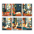 Window Cats mini paint by numbers set: six mid-century interiors with cats lounging by windows among plants and flowers