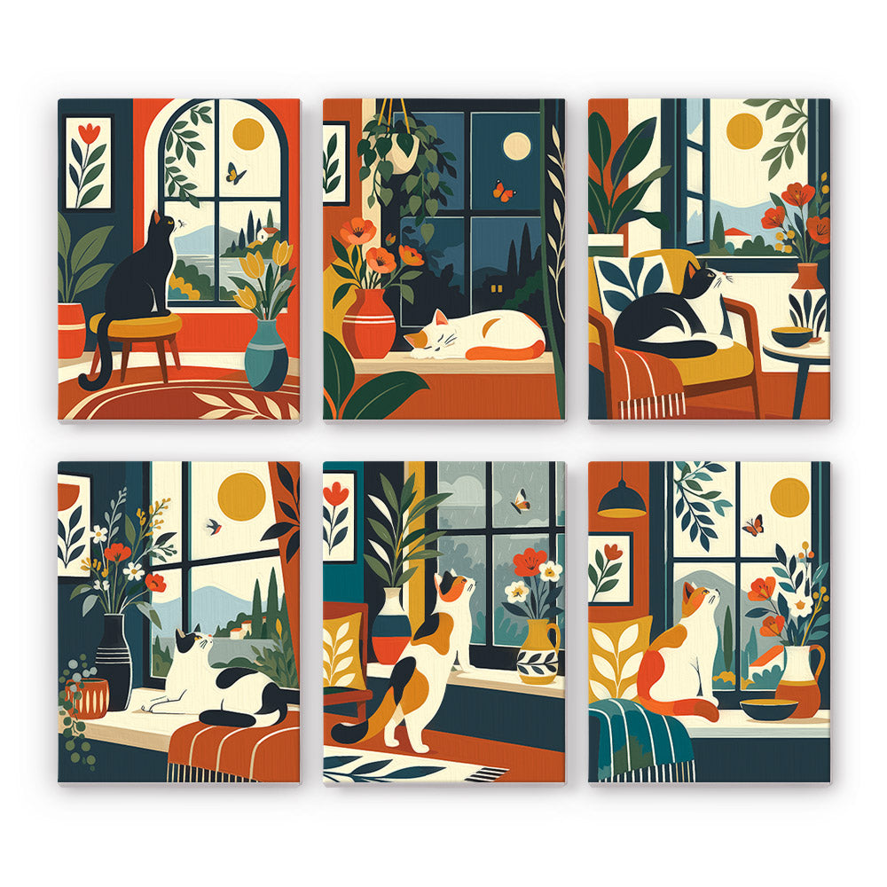 Window Cats mini paint by numbers set: six mid-century interiors with cats lounging by windows among plants and flowers