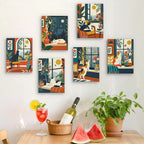 Six finished Window Cats mini paintings hung on a wall above a table