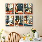Window Cats mini paintings displayed as a gallery wall in a sunny kitchen