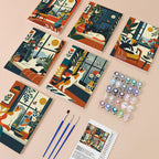 Window Cats mini paint by numbers kit with six numbered canvases, acrylic paints, brushes and layout