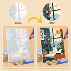 Before and after of a Window Cats mini paint by numbers canvas