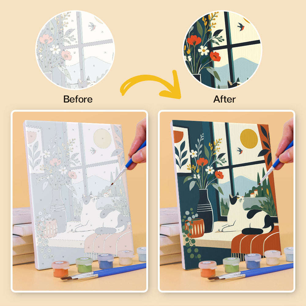 Before and after of a Window Cats mini paint by numbers canvas