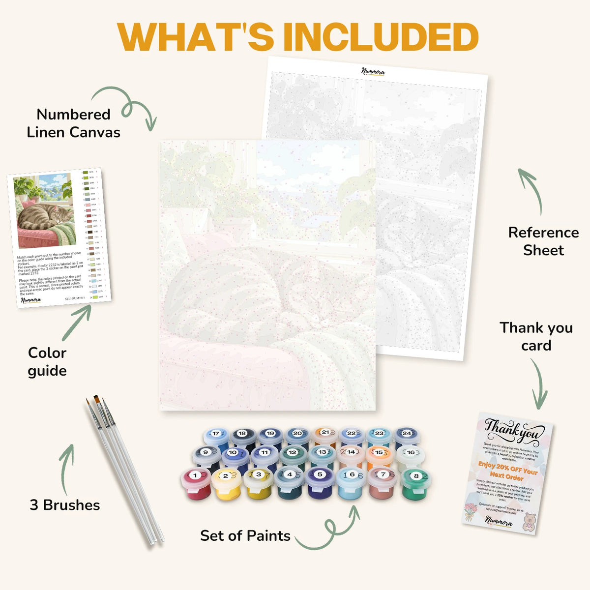 What's included in the Window Seat Nap paint by numbers kit: numbered linen canvas, reference sheet, color guide, 24 acrylic paints, 3 brushes and thank you card