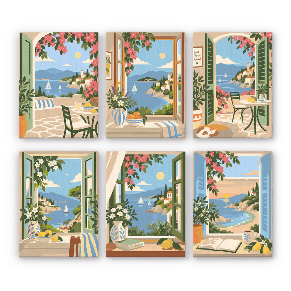 Windows to the Sea mini paint by numbers set: six designs of open windows and terraces framing Mediterranean sea views