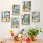 Six finished Windows to the Sea mini paintings hung on a wall above a table